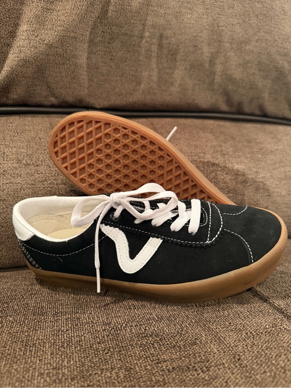 Vans Kids Black Skate Sneakers with White Stripe and Gum Sole